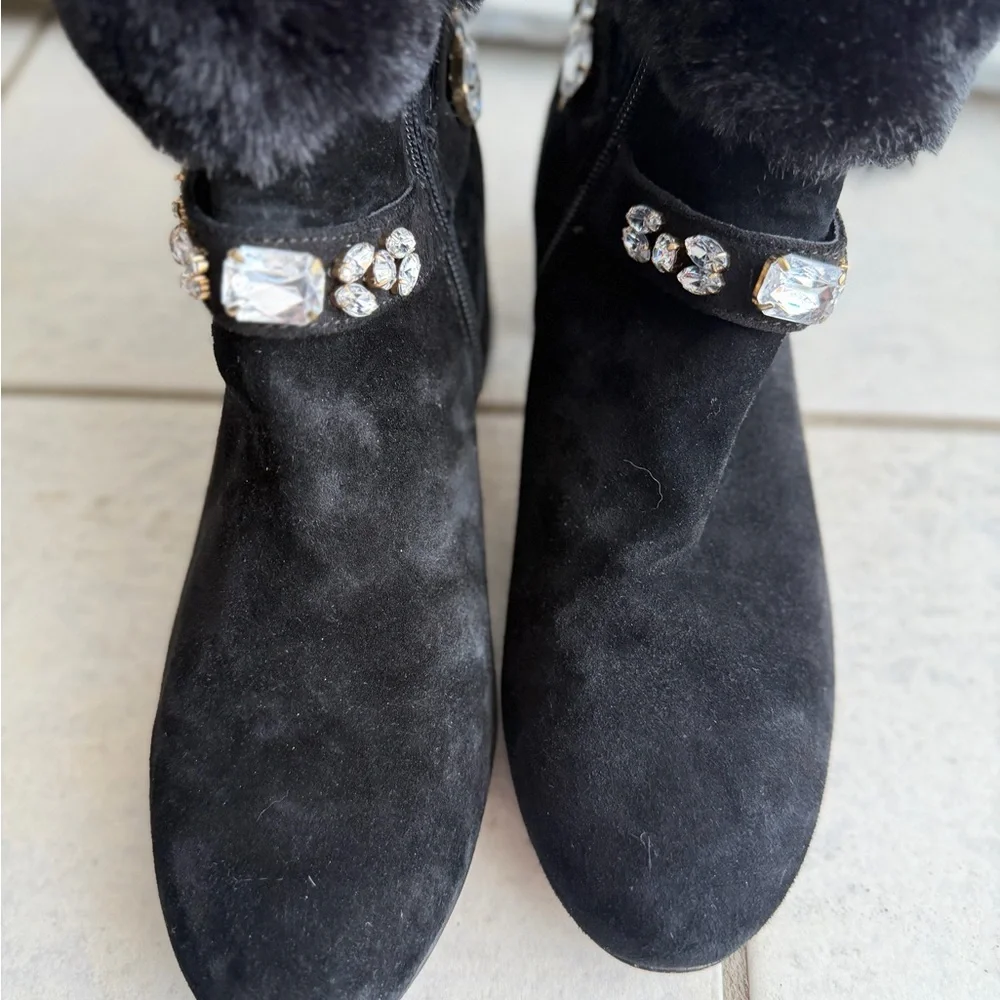 Adrienne Vittadini Lazar Black Fur Trim Ankle Boots 8.5 Block Heel Crystal